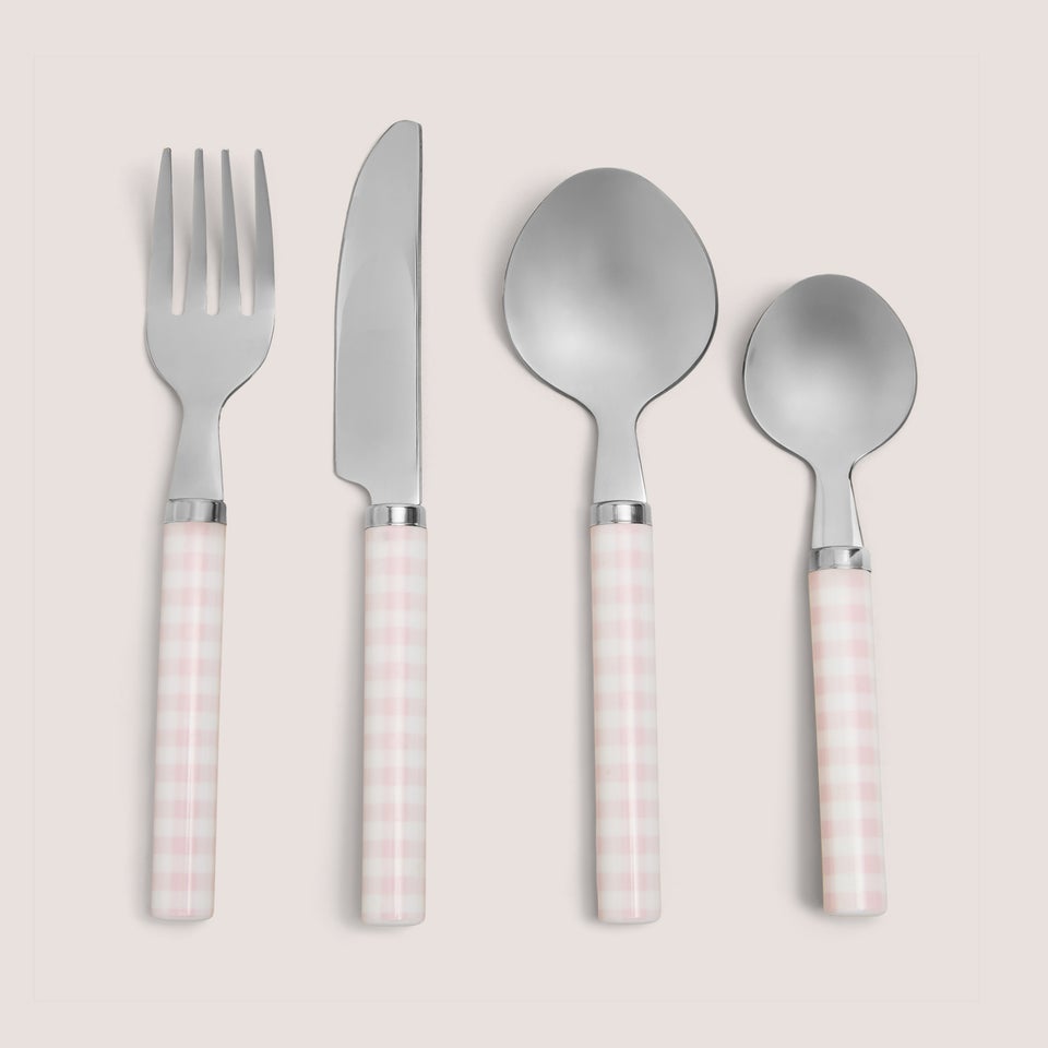 16 Piece Pink Gingham Cutlery Set