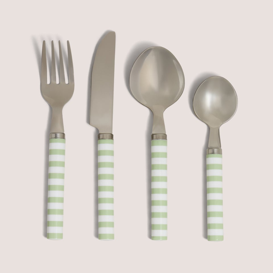 16 Piece Green Striped Cutlery Set