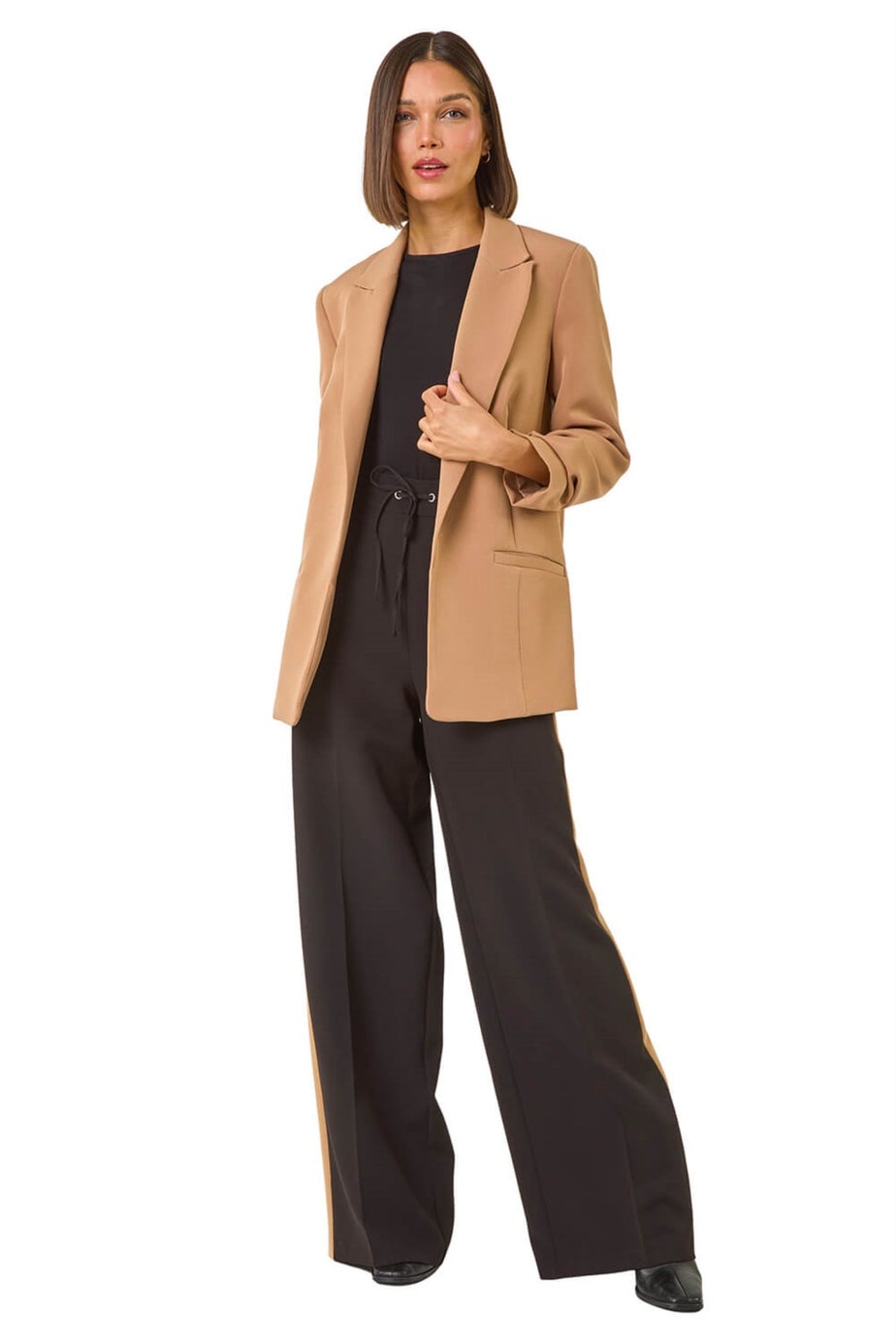 Roman Tan Tailored Ruched Sleeve Stretch Jacket