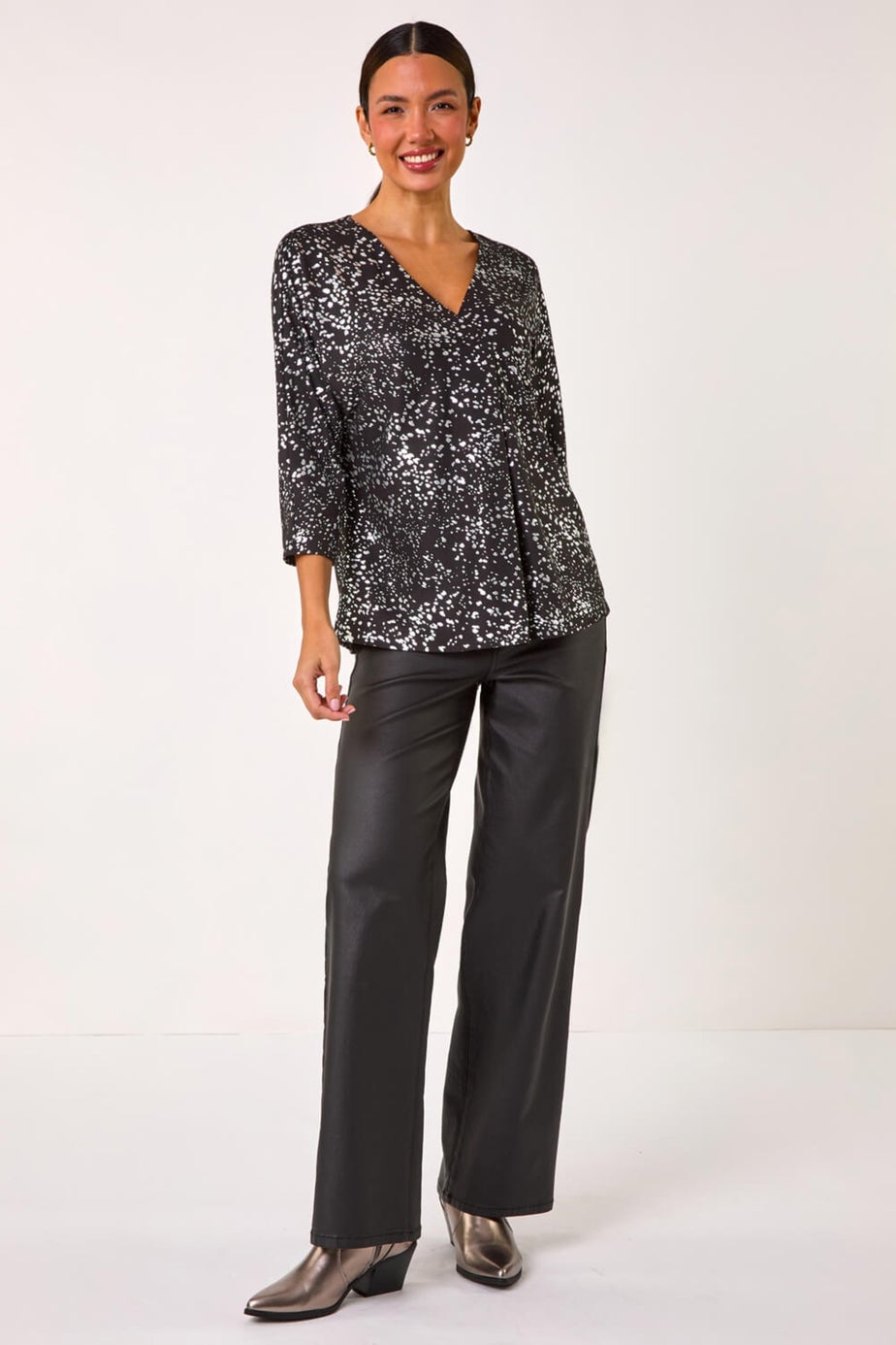 Roman Silver Metallic Soft Touch V-Neck Top