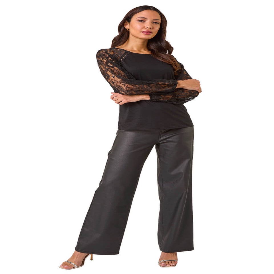 Roman Black Lace Sleeve Stretch Tunic Top