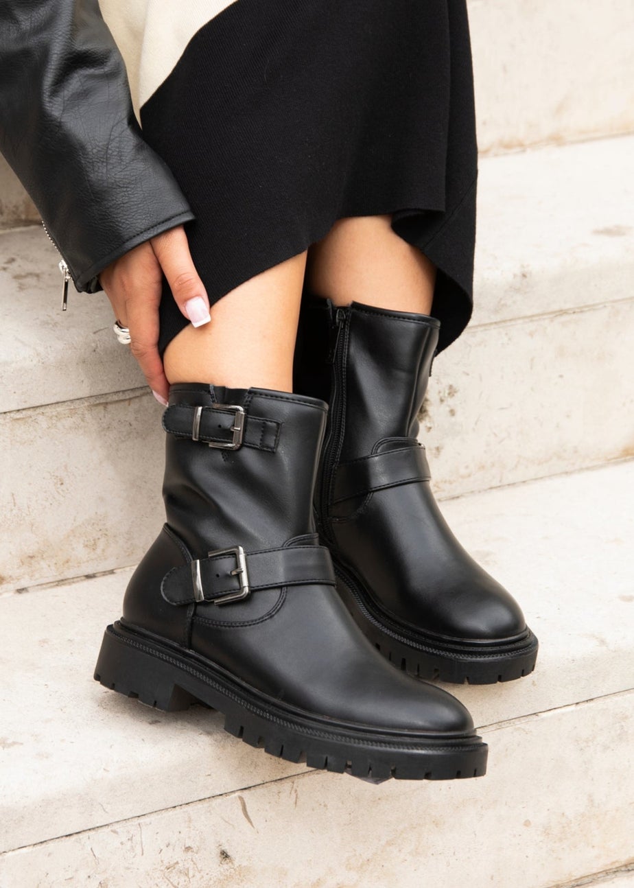 Linzi Trinity Black Faux Leather Biker Style Boot