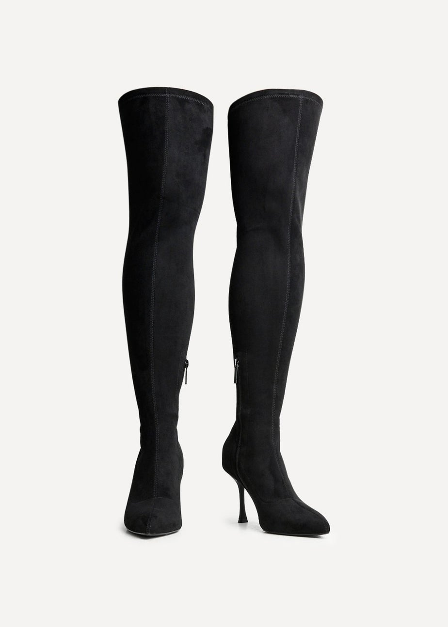Linzi Laney Black Faux Suede Thigh High Strech Stiletto Heel Boot