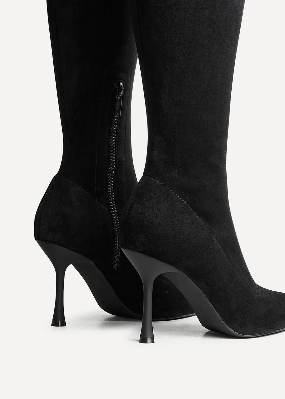 Linzi Laney Black Faux Suede Thigh High Strech Stiletto Heel Boot