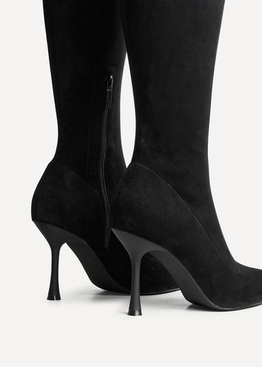 Linzi Laney Black Faux Suede Thigh High Strech Stiletto Heel Boot