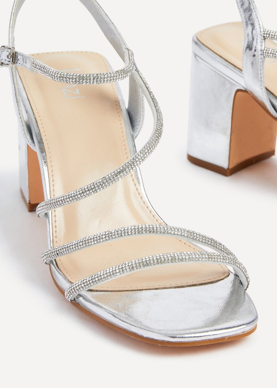 Linzi Kira Silver Faux Leather Strappy Diamante Block Heel