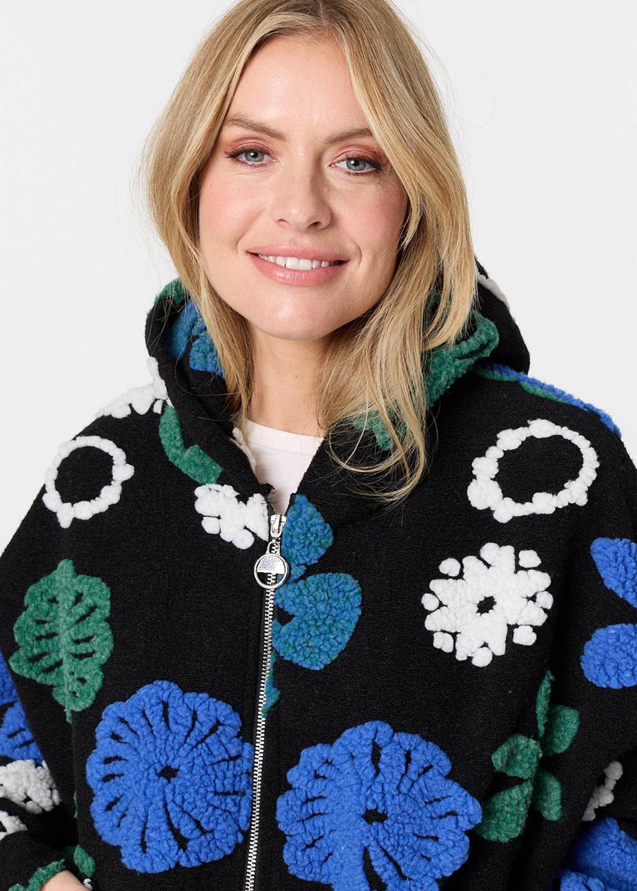 Izabel London Blue Textured Floral Longline Hoodie Coat