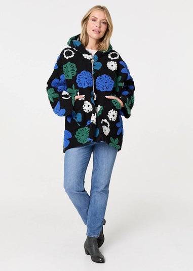 Izabel London Blue Textured Floral Longline Hoodie Coat