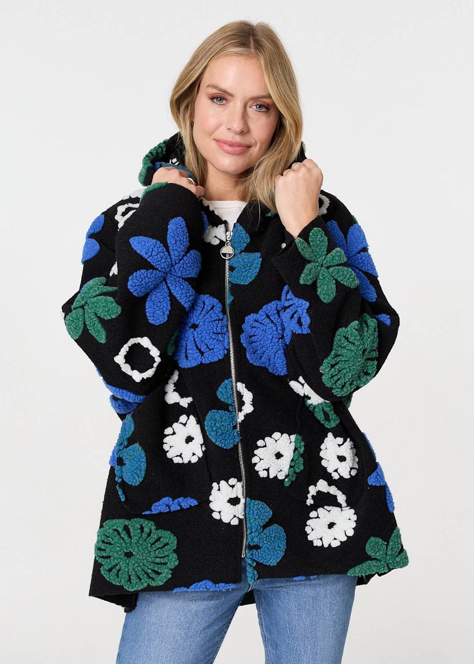 Izabel London Blue Textured Floral Longline Hoodie Coat