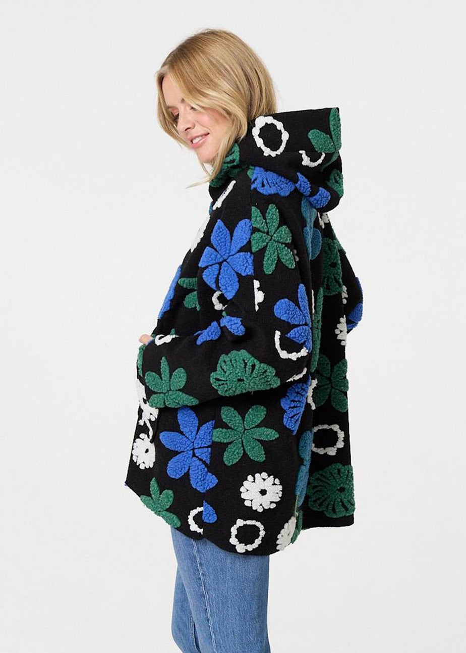 Izabel London Blue Textured Floral Longline Hoodie Coat
