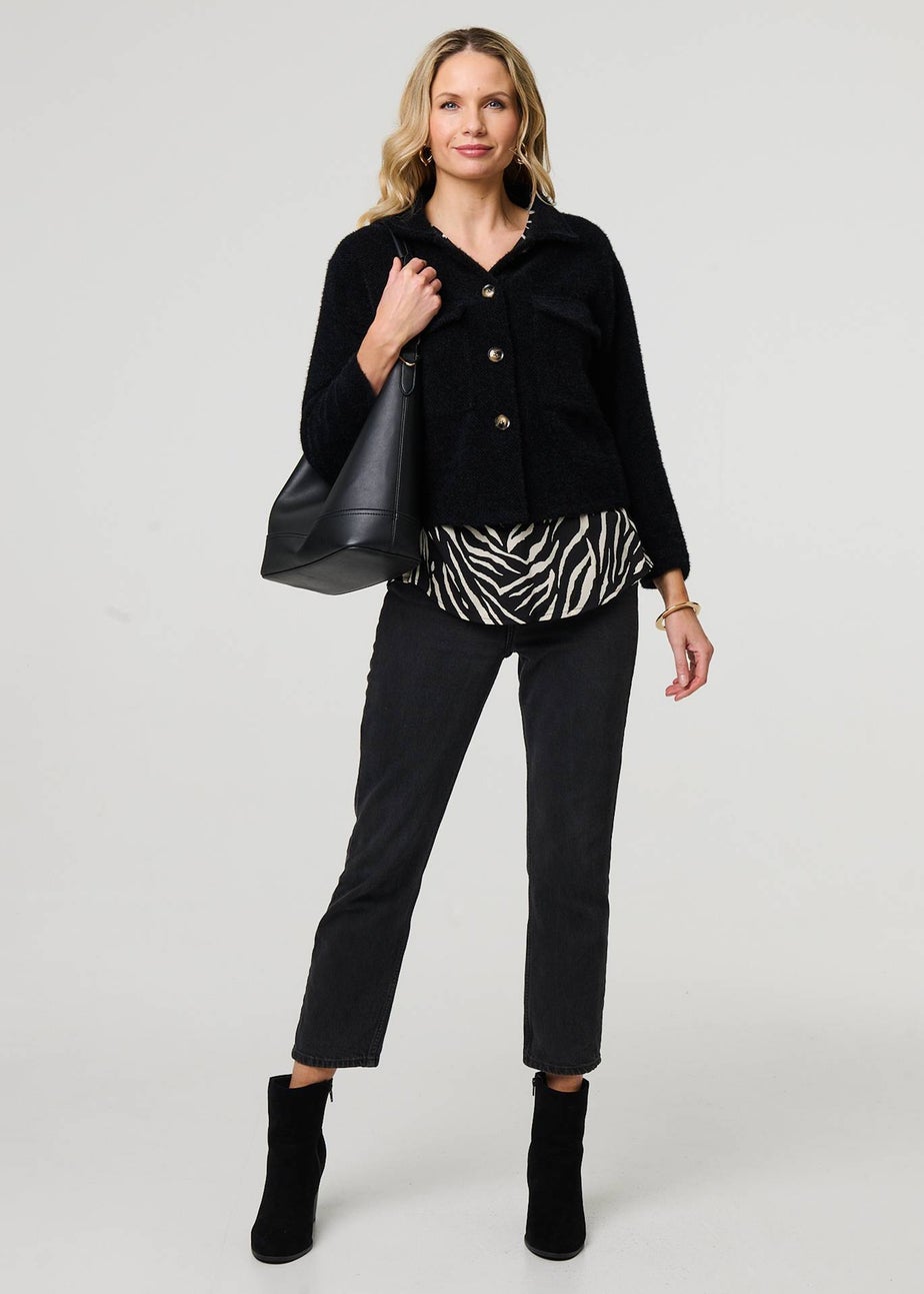 Izabel London Black Flannel Cropped Pocket Front Shacket