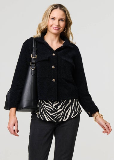 Izabel London Black Flannel Cropped Pocket Front Shacket