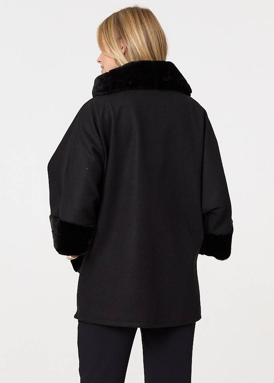 Izabel London Black Faux Fur Trim Cape Coat