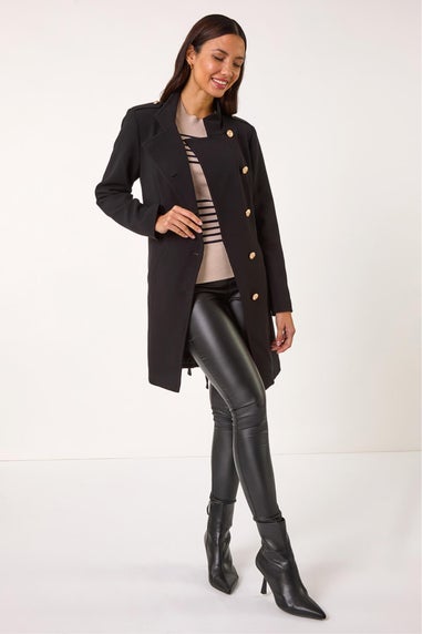 Roman Black Funnel Neck Buttoned Coat