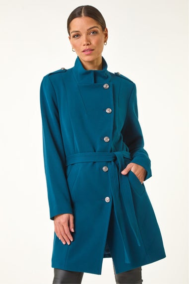 Roman Teal Funnel Neck Buttoned Coat