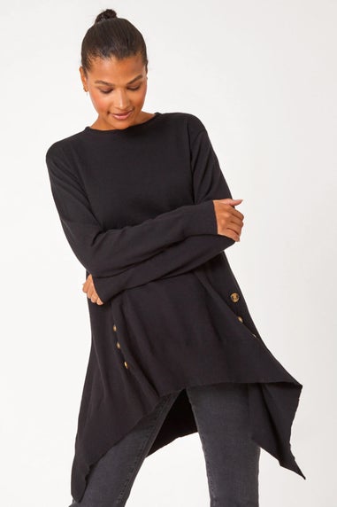 Roman Black Buttoned Side Hanky Hem Jumper