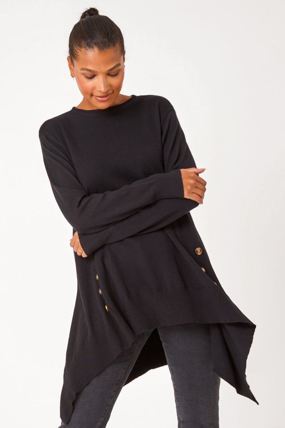 Roman Black Buttoned Side Hanky Hem Jumper