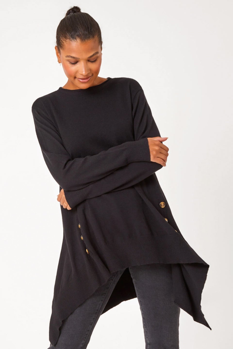 Roman Black Buttoned Side Hanky Hem Jumper