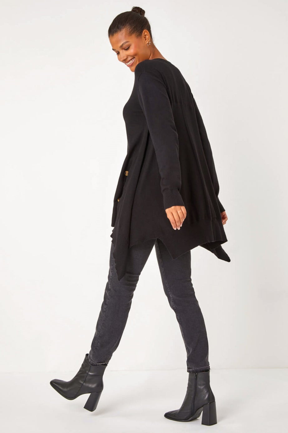 Roman Black Buttoned Side Hanky Hem Jumper