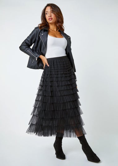 Roman Black Elasticated Mesh Tiered Ruffle Skirt