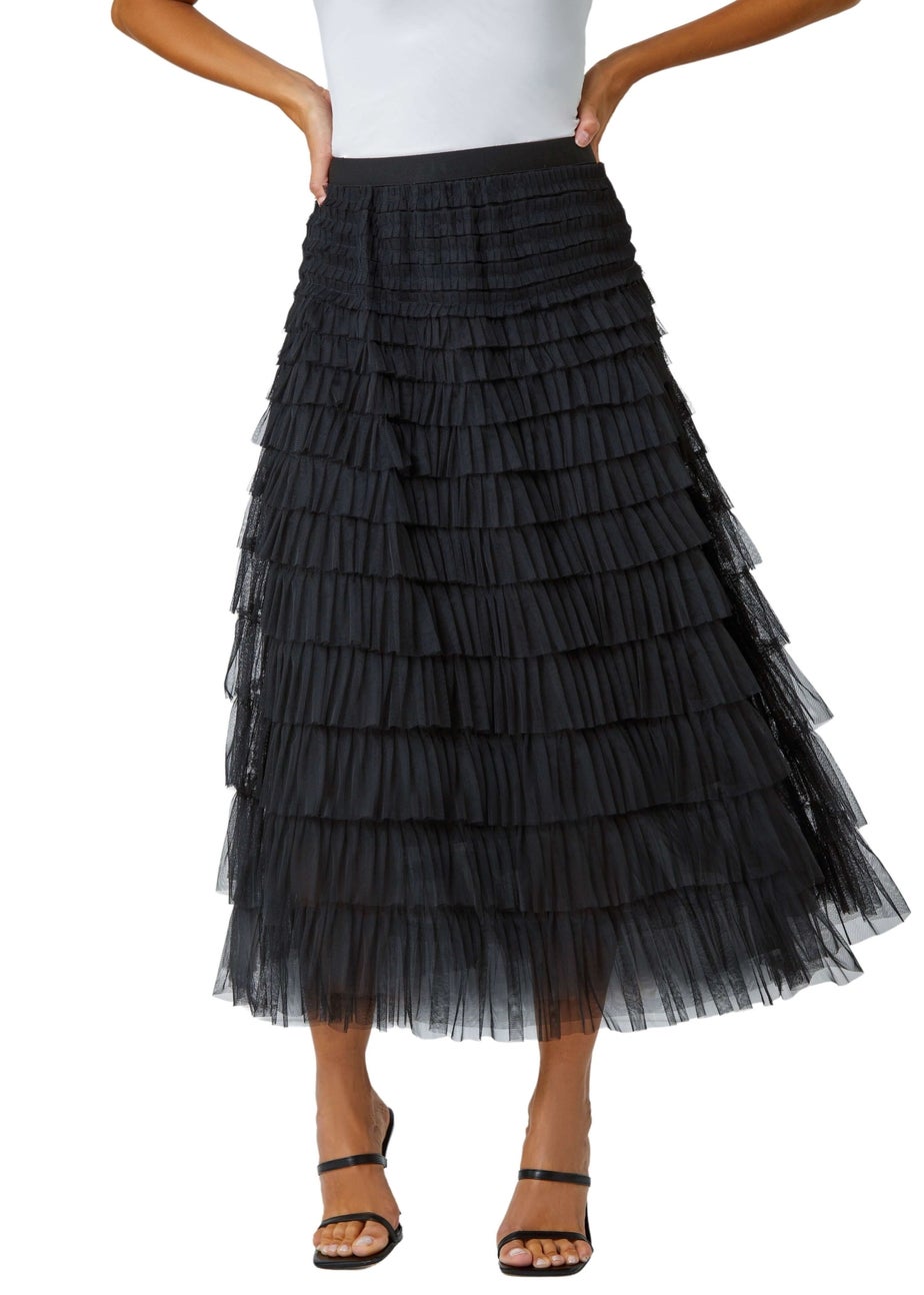 Roman Black Elasticated Mesh Tiered Ruffle Skirt