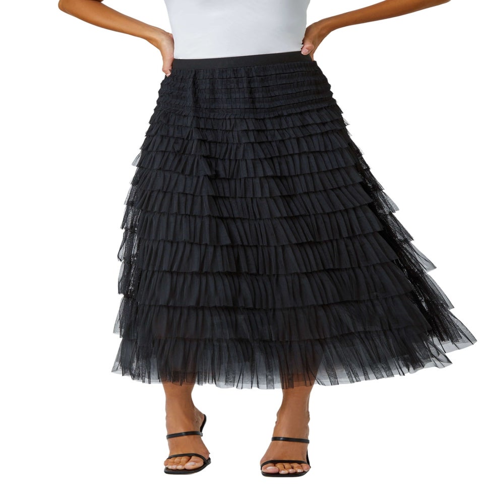 Roman Black Elasticated Mesh Tiered Ruffle Skirt