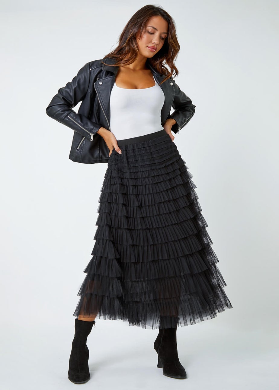Roman Black Elasticated Mesh Tiered Ruffle Skirt