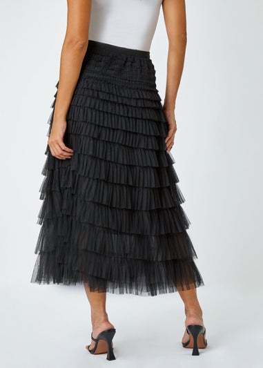 Roman Black Elasticated Mesh Tiered Ruffle Skirt