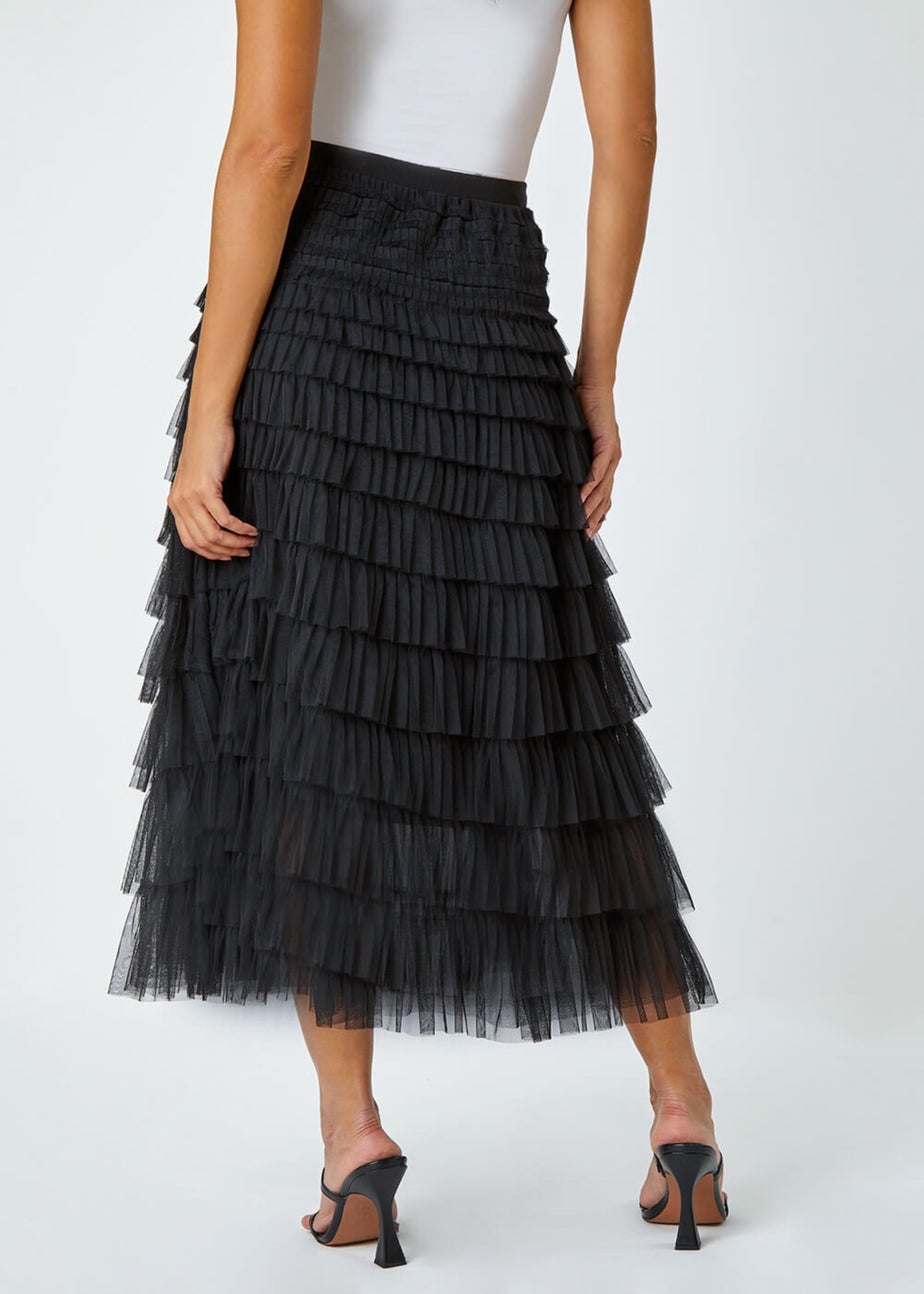 Roman Black Elasticated Mesh Tiered Ruffle Skirt