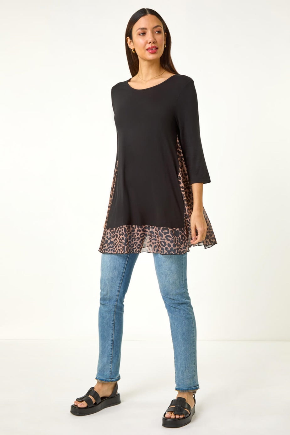 Roman Natural Animal Print Mesh Hem Tunic
