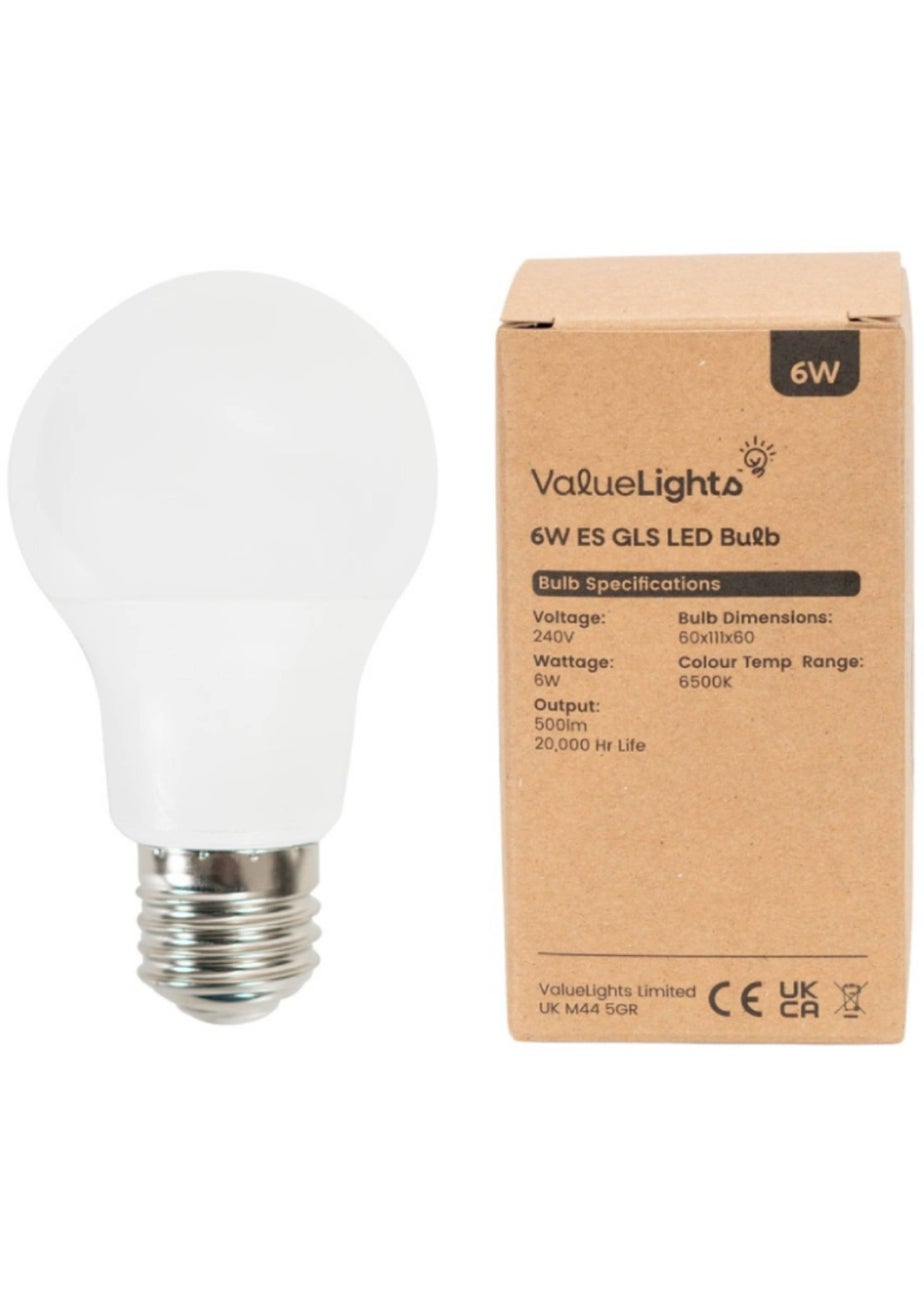 ValueLights 6 Pack E27 GLS LED 6W Cool White 6500K Light Bulbs (11.1cm x 6.2cm x 6.2cm)