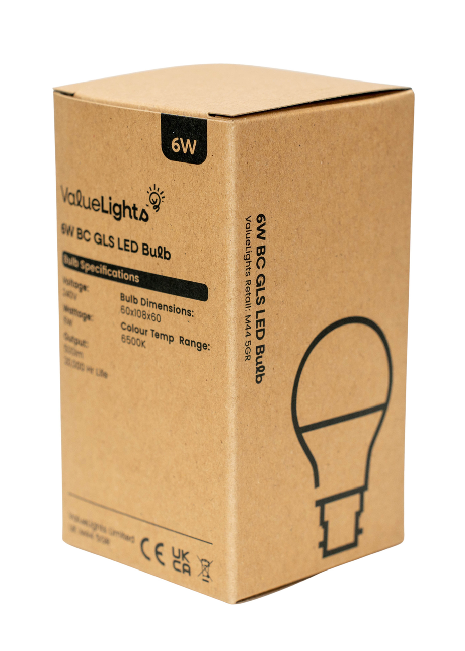 ValueLights 6 Pack B22 GLS LED 6W Cool White 6500K Light Bulbs