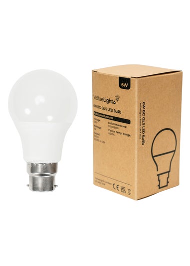 ValueLights 6 Pack B22 GLS LED 6W Cool White 6500K Light Bulbs