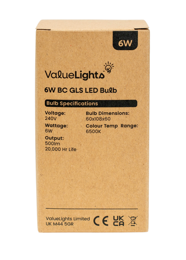 ValueLights 6 Pack B22 GLS LED 6W Cool White 6500K Light Bulbs