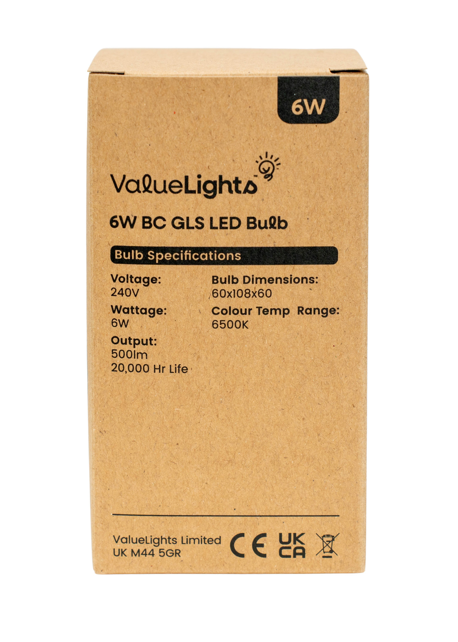 ValueLights 6 Pack B22 GLS LED 6W Cool White 6500K Light Bulbs