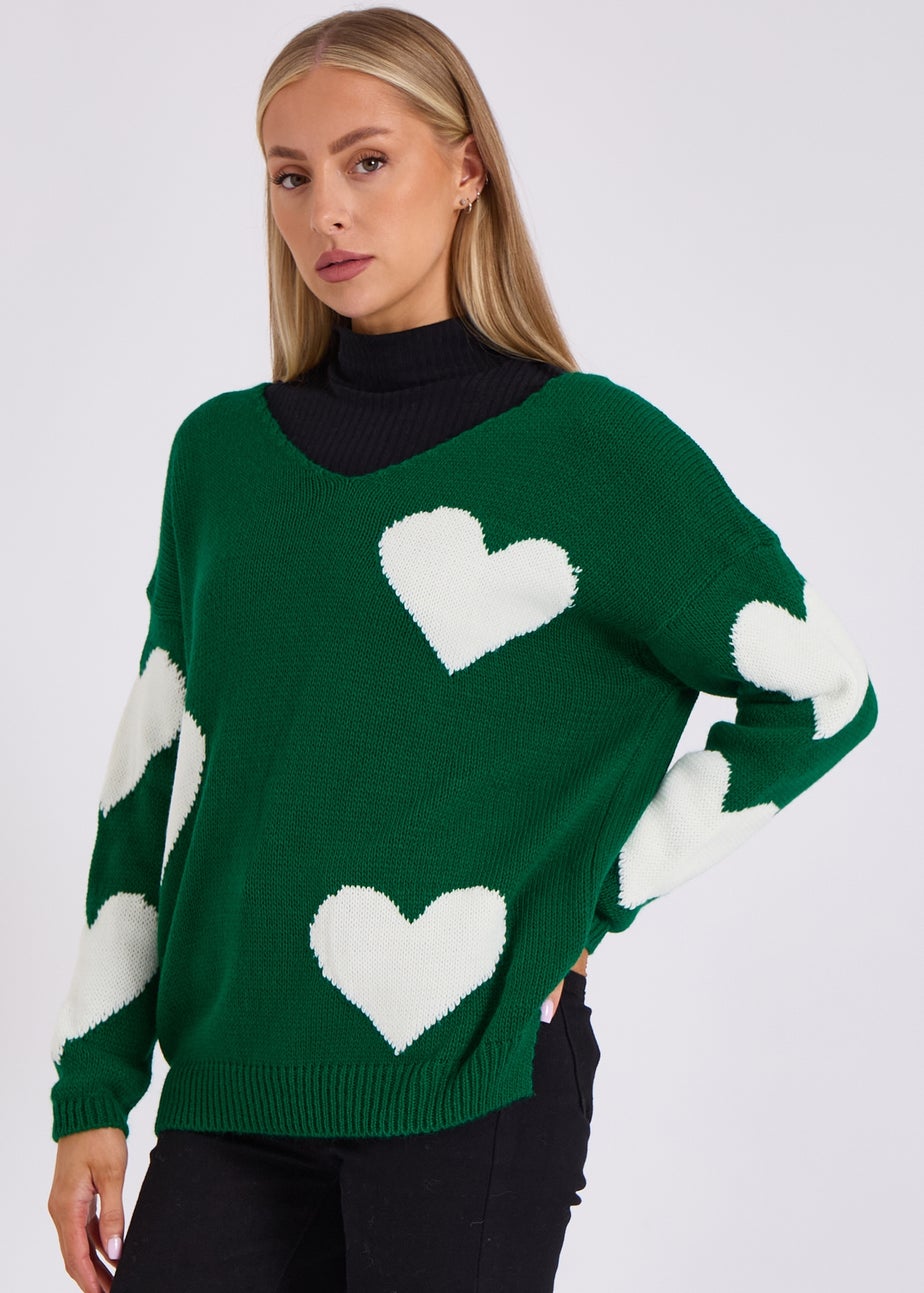 Gini London Green V Neck Oversized Heart Knit Jumper