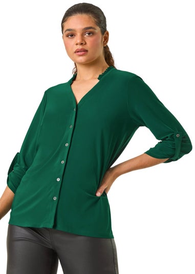 Roman Jade Button Through V-Neck Stretch Blouse