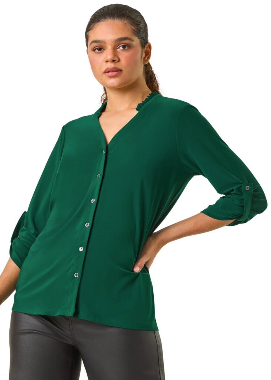Roman Jade Button Through V-Neck Stretch Blouse