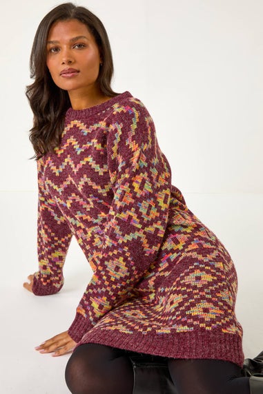 Roman Burgundy Geometric Print Jacquard Jumper Dress