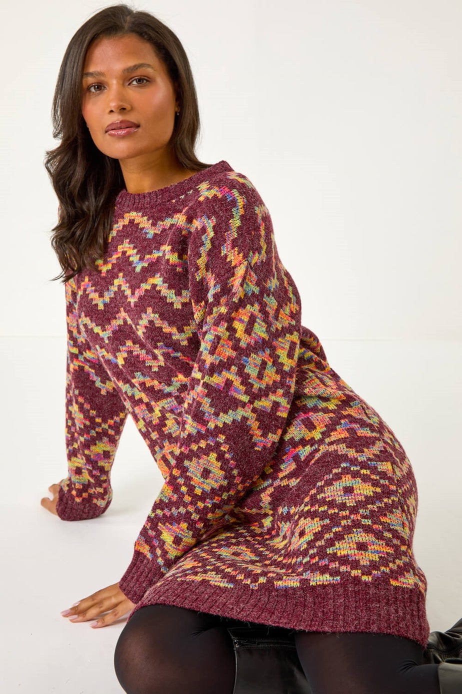 Roman Burgundy Geometric Print Jacquard Jumper Dress