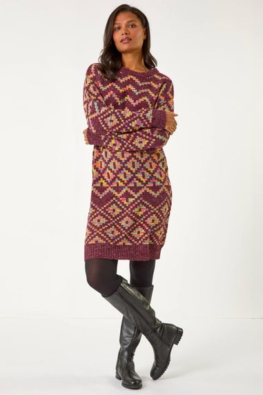 Roman Burgundy Geometric Print Jacquard Jumper Dress