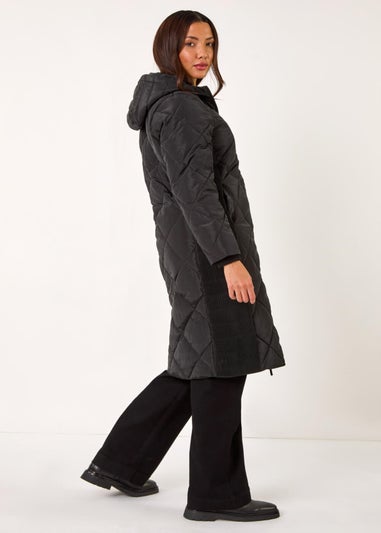 Roman Black Longline Diamond Quilt Hooded Coat