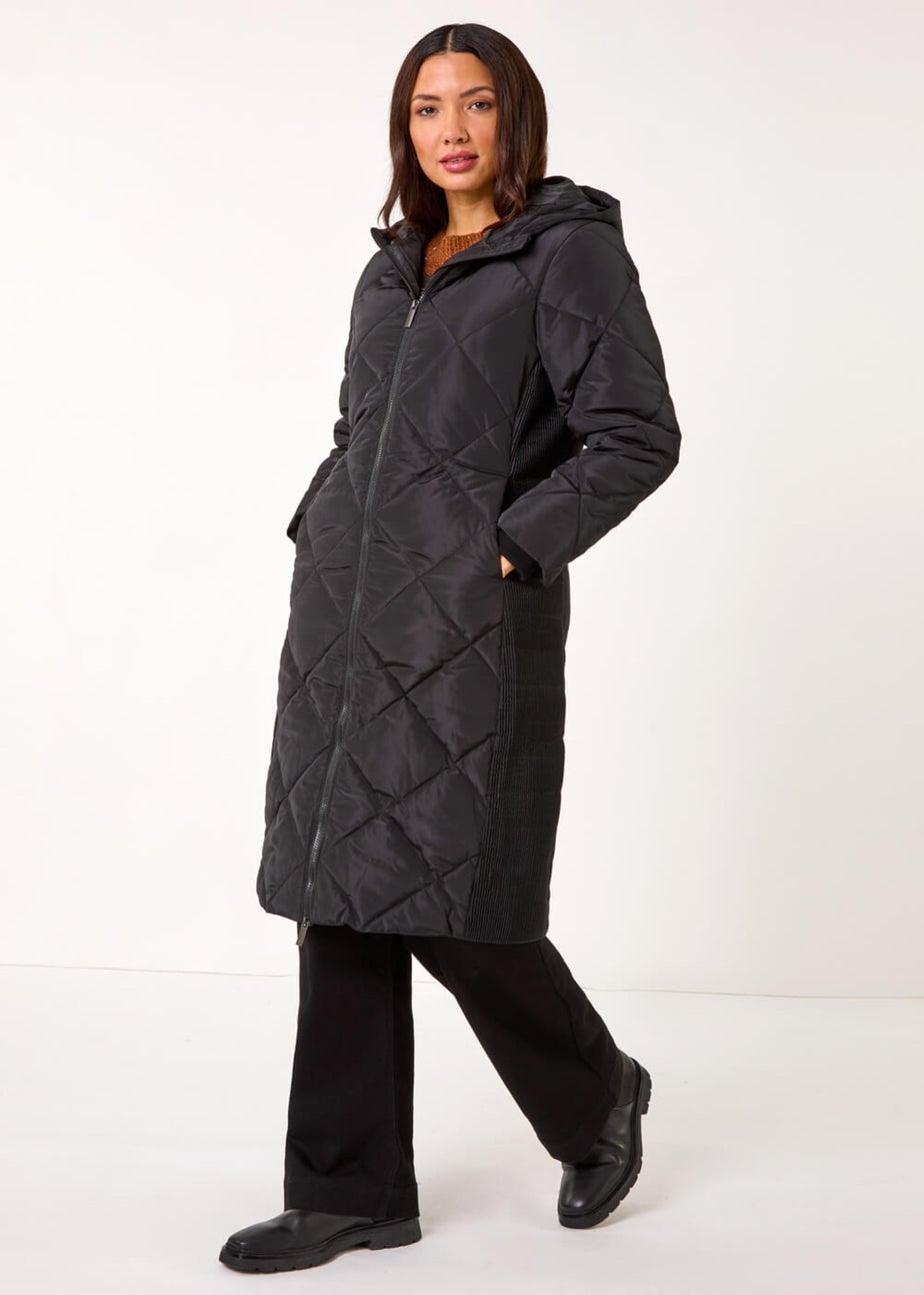 Roman Black Longline Diamond Quilt Hooded Coat
