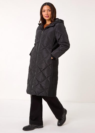 Roman Black Longline Diamond Quilt Hooded Coat