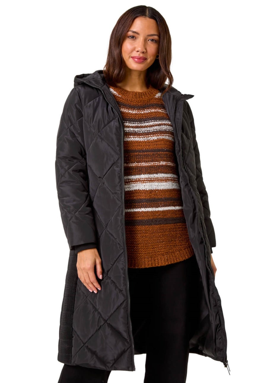 Roman Black Longline Diamond Quilt Hooded Coat