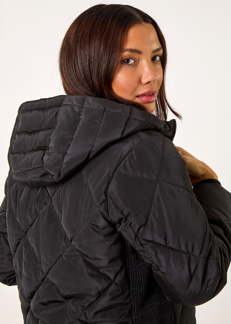 Roman Black Longline Diamond Quilt Hooded Coat