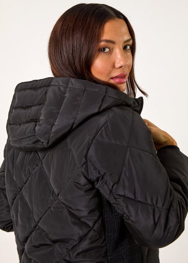 Roman Black Longline Diamond Quilt Hooded Coat