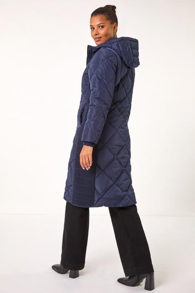Roman Midnight Blue Longline Diamond Quilt Coat