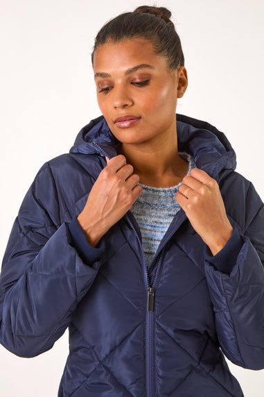 Roman Midnight Blue Longline Diamond Quilt Coat