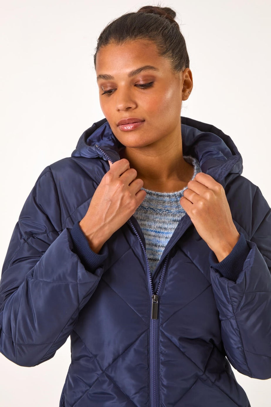 Roman Midnight Blue Longline Diamond Quilt Coat